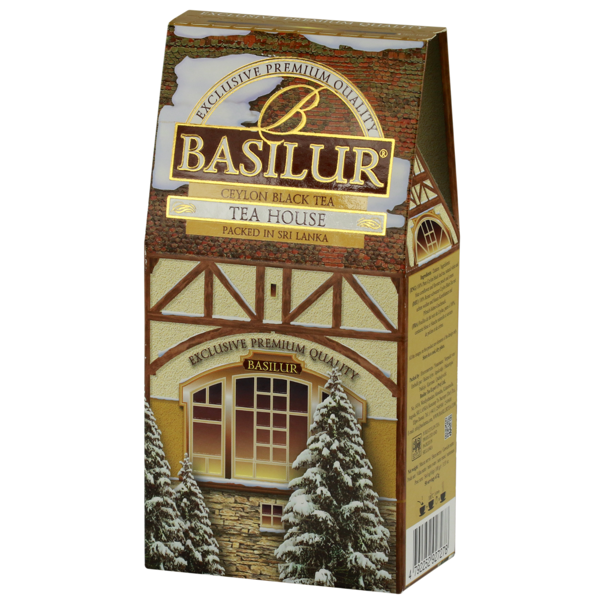 Herbata Basilur Tea House w ozdobnym pudełku przypominającym domek w śniegu.