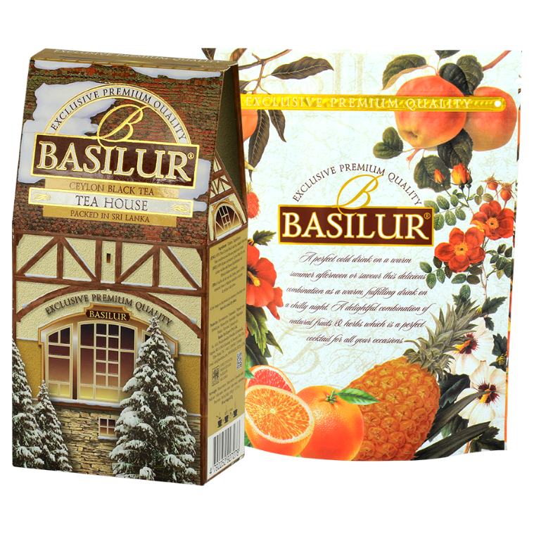 Przód opakowania herbaty Basilur Tea House z motywem zimowego domku i logo Basilur.
