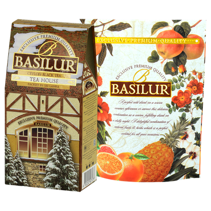 Przód opakowania herbaty Basilur Tea House z motywem zimowego domku i logo Basilur.