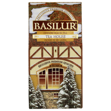 Bok pudełka herbaty Basilur Tea House z eleganckimi detalami i złotym napisem.