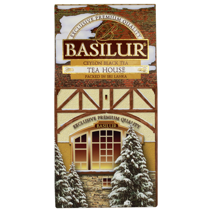 Bok pudełka herbaty Basilur Tea House z eleganckimi detalami i złotym napisem.