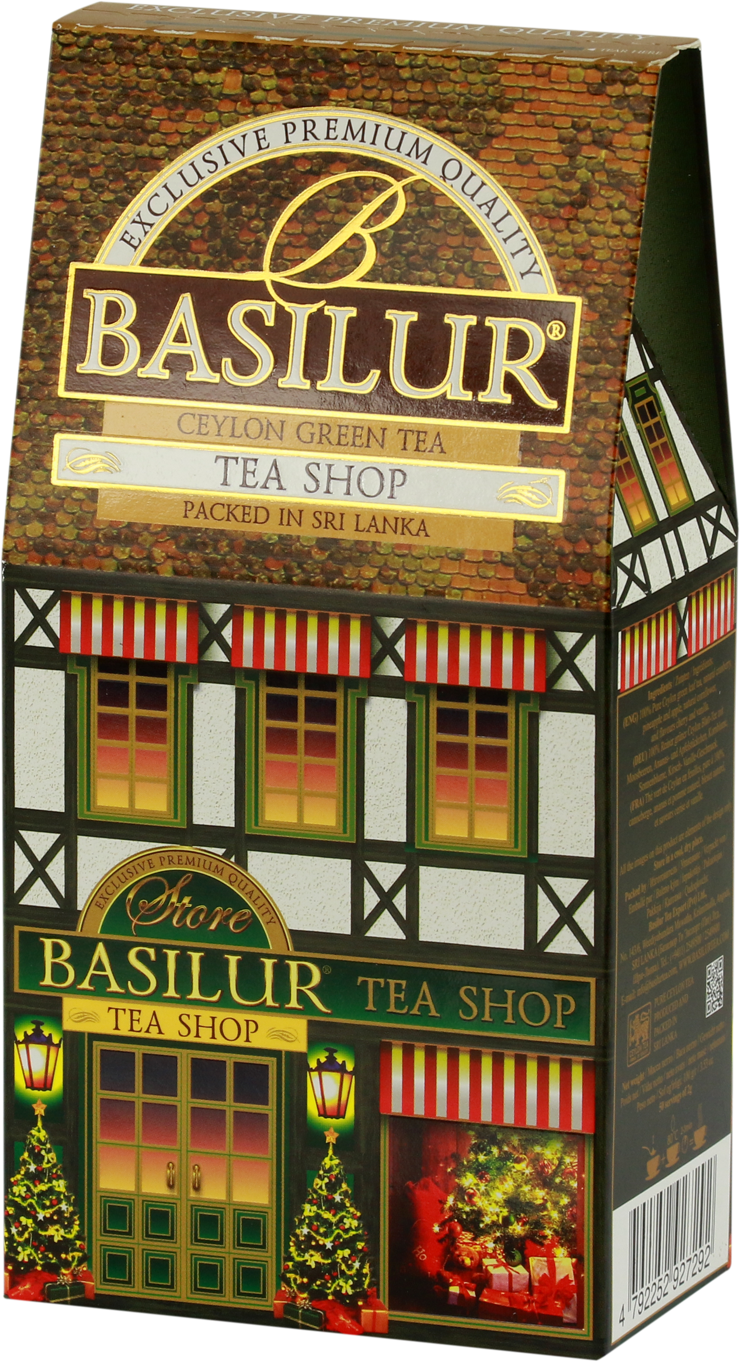 Opakowanie herbaty Basilur Tea Shop w kształcie świątecznego domku, zielona herbata cejlońska.
