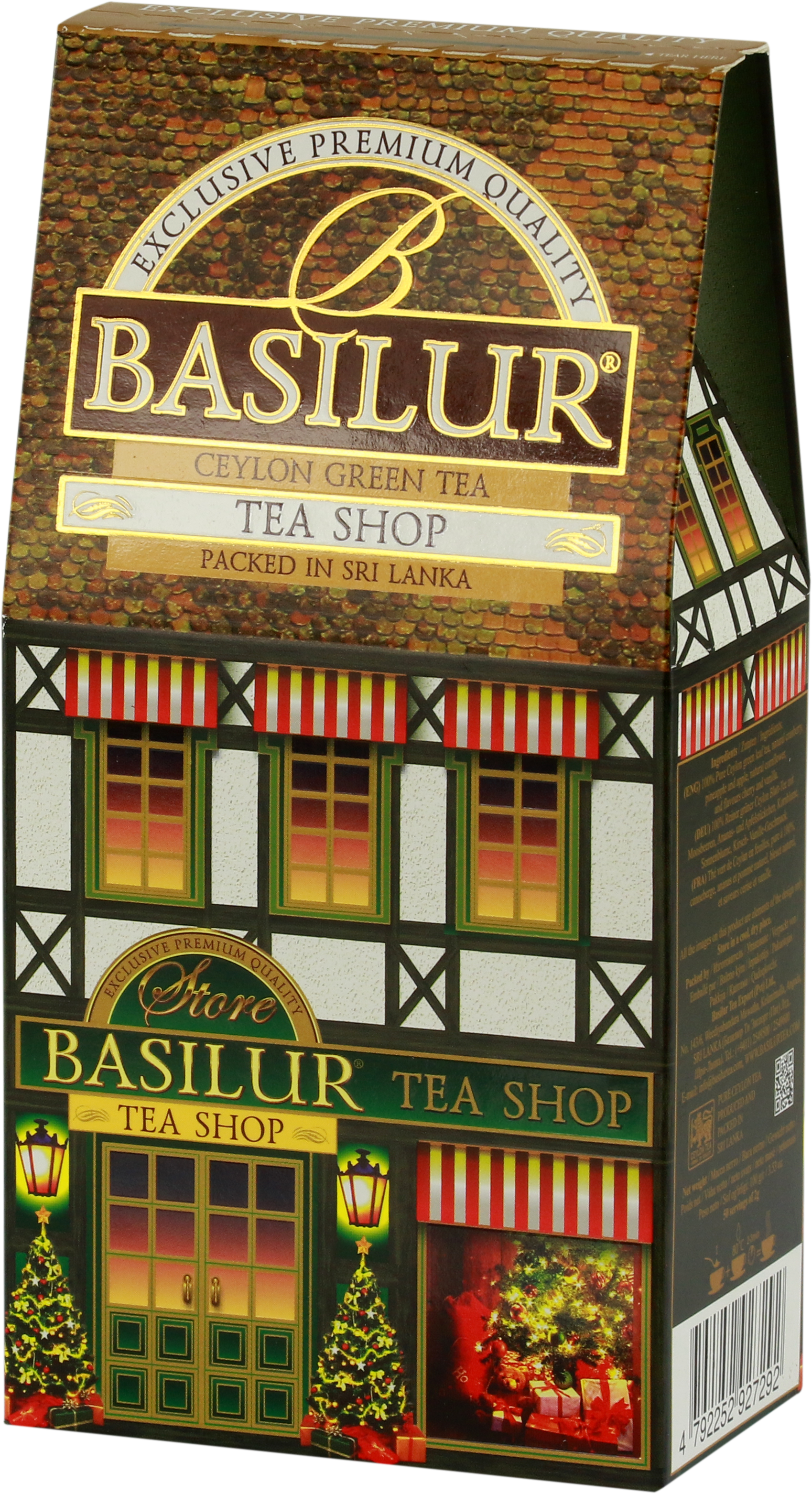 Opakowanie herbaty Basilur Tea Shop w kształcie świątecznego domku, zielona herbata cejlońska.