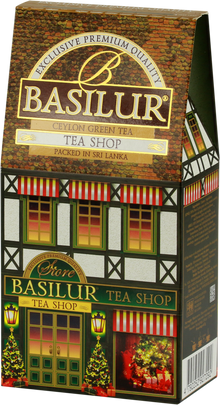 Opakowanie herbaty Basilur Tea Shop w kształcie świątecznego domku, zielona herbata cejlońska.