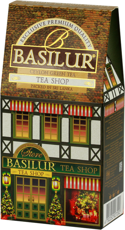 Opakowanie herbaty Basilur Tea Shop w kształcie świątecznego domku, zielona herbata cejlońska.