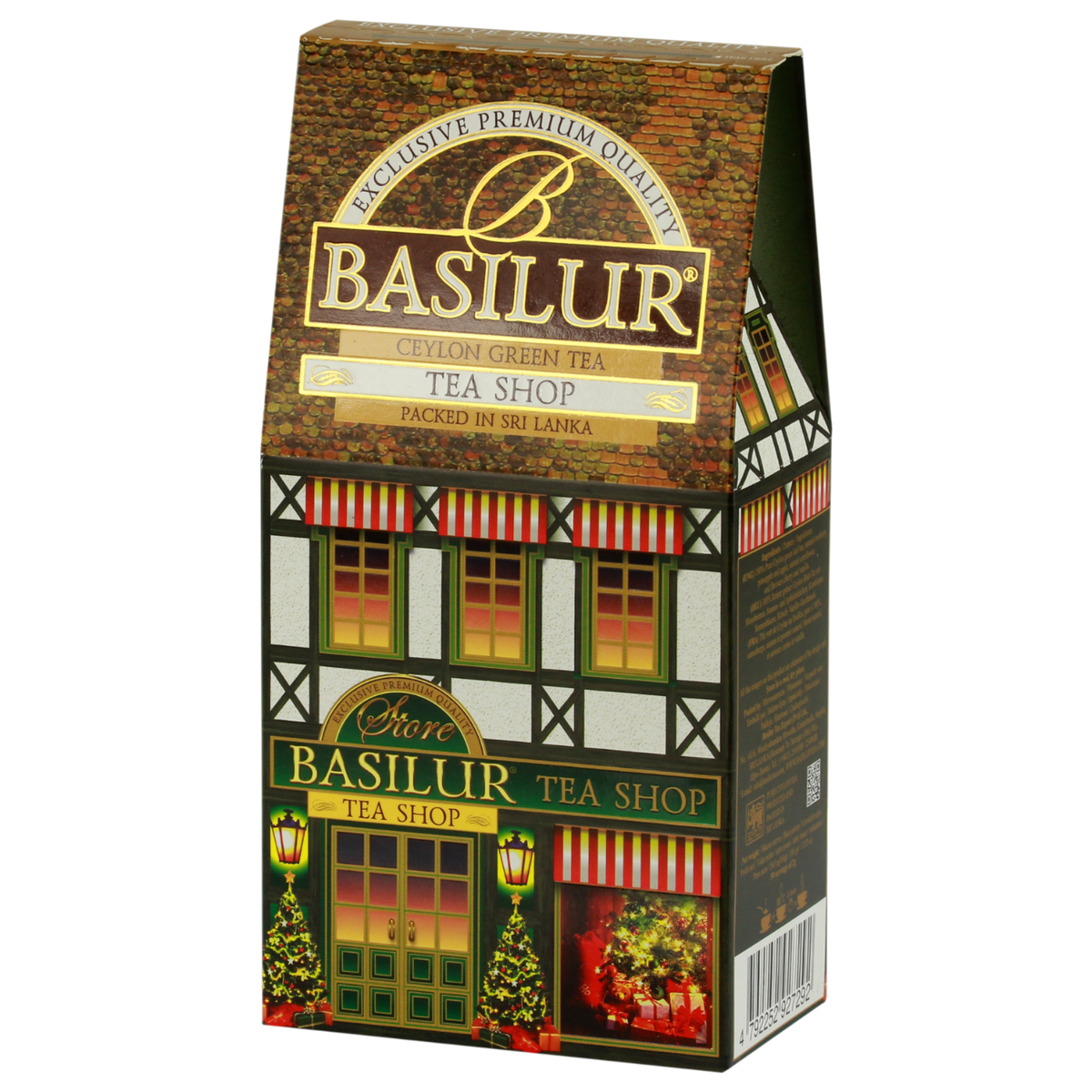 Opakowanie herbaty Basilur Tea Shop w kształcie świątecznego domku, zielona herbata cejlońska.