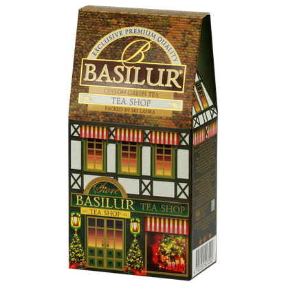 Opakowanie herbaty Basilur Tea Shop w kształcie świątecznego domku, zielona herbata cejlońska.