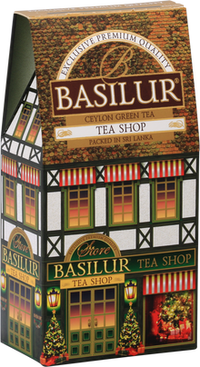 Bok opakowania Basilur Tea Shop z motywem sklepu herbacianego i choinkami.
