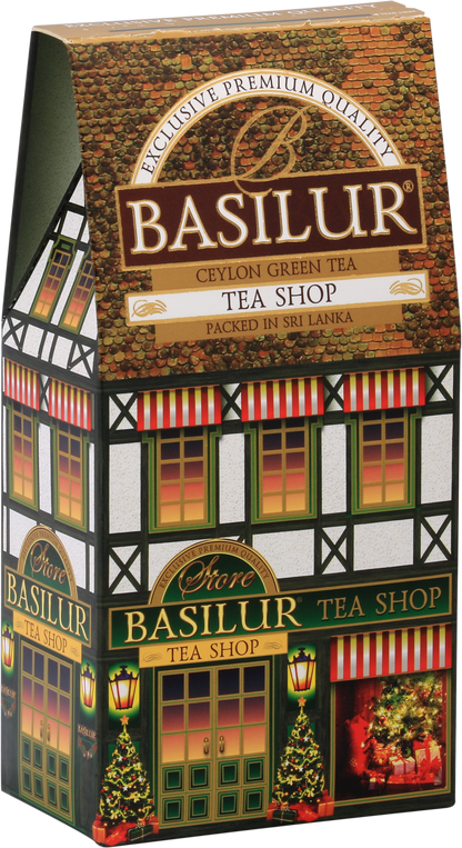 Bok opakowania Basilur Tea Shop z motywem sklepu herbacianego i choinkami.