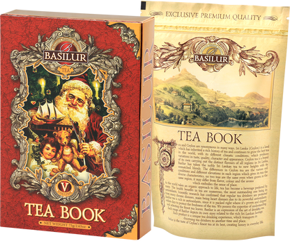 Zestaw herbaty Basilur Tea Book vol. V z otwartą puszką i widocznym wnętrzem.