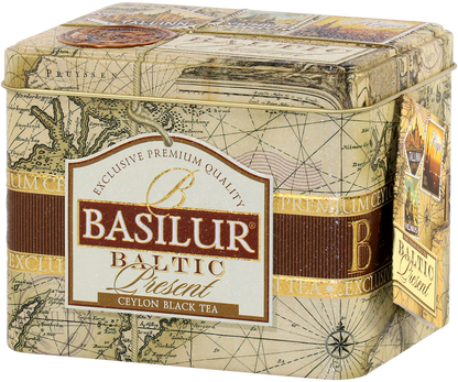 Widok z perspektywy puszki Basilur Baltic Present eleganckie opakowanie herbaty cejlońskiej