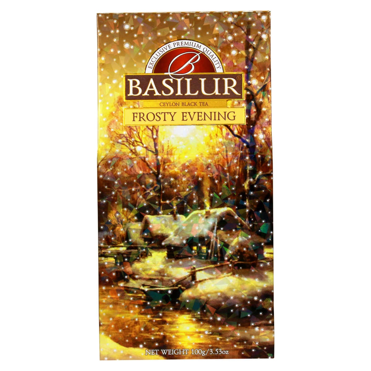Puszka herbaty Basilur Frosty Evening – widok boczny z opisem produktu.