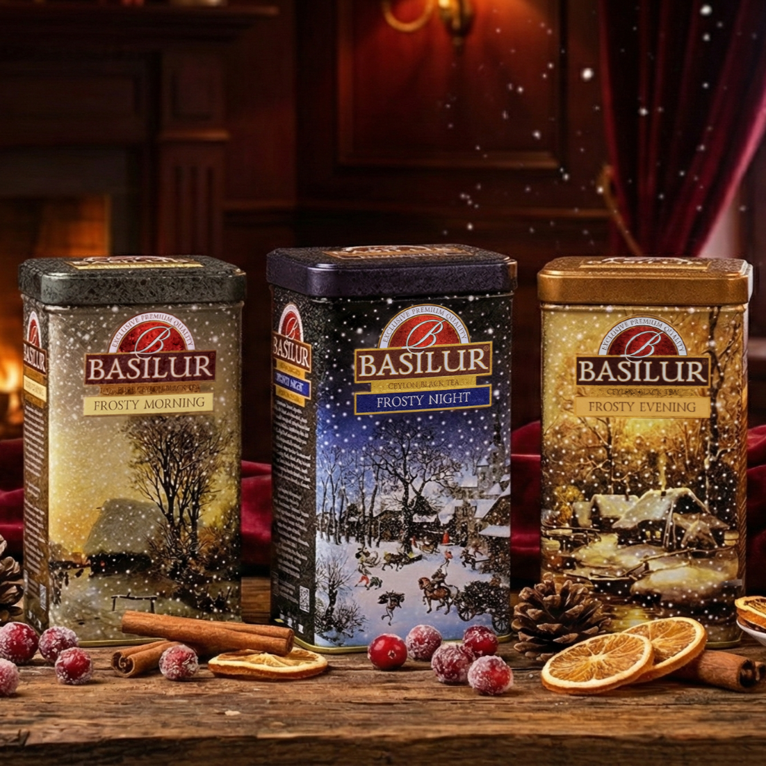 Trzy puszki herbaty Basilur Frosty Morning, Frosty Night i Frosty Evening na drewnianym stole z przyprawami i suszonymi owocami w zimowej aranżacji.