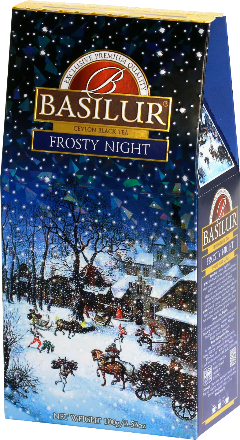 Herbata Basilur Frosty Night w ozdobnym granatowym opakowaniu z zimowym motywem.