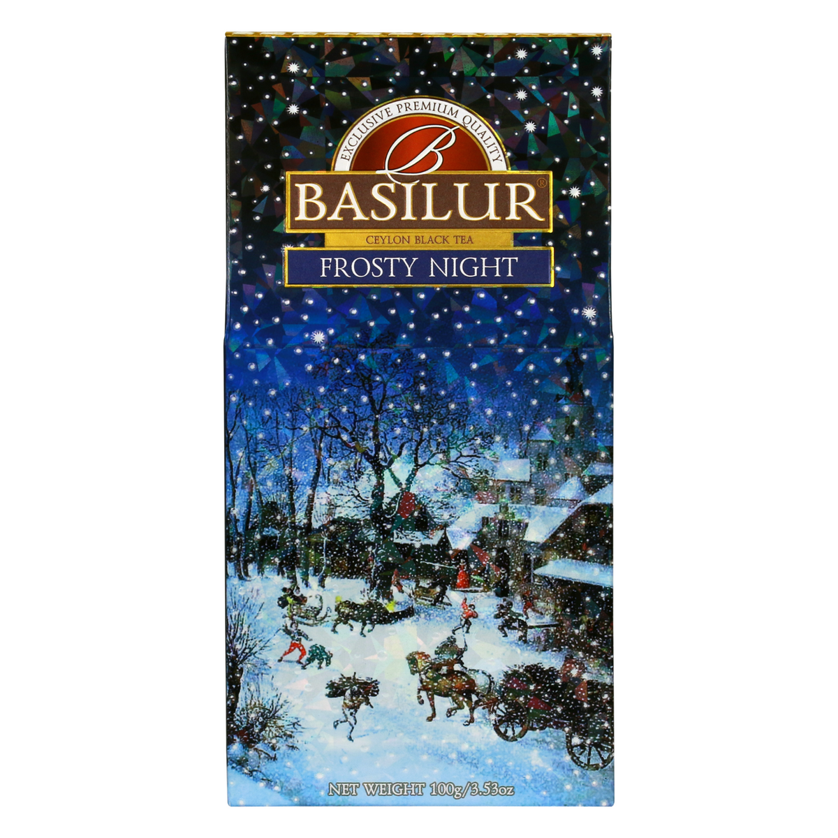 Herbata Basilur Frosty Night – ilustracja zimowego pejzażu na tle nocnego nieba.