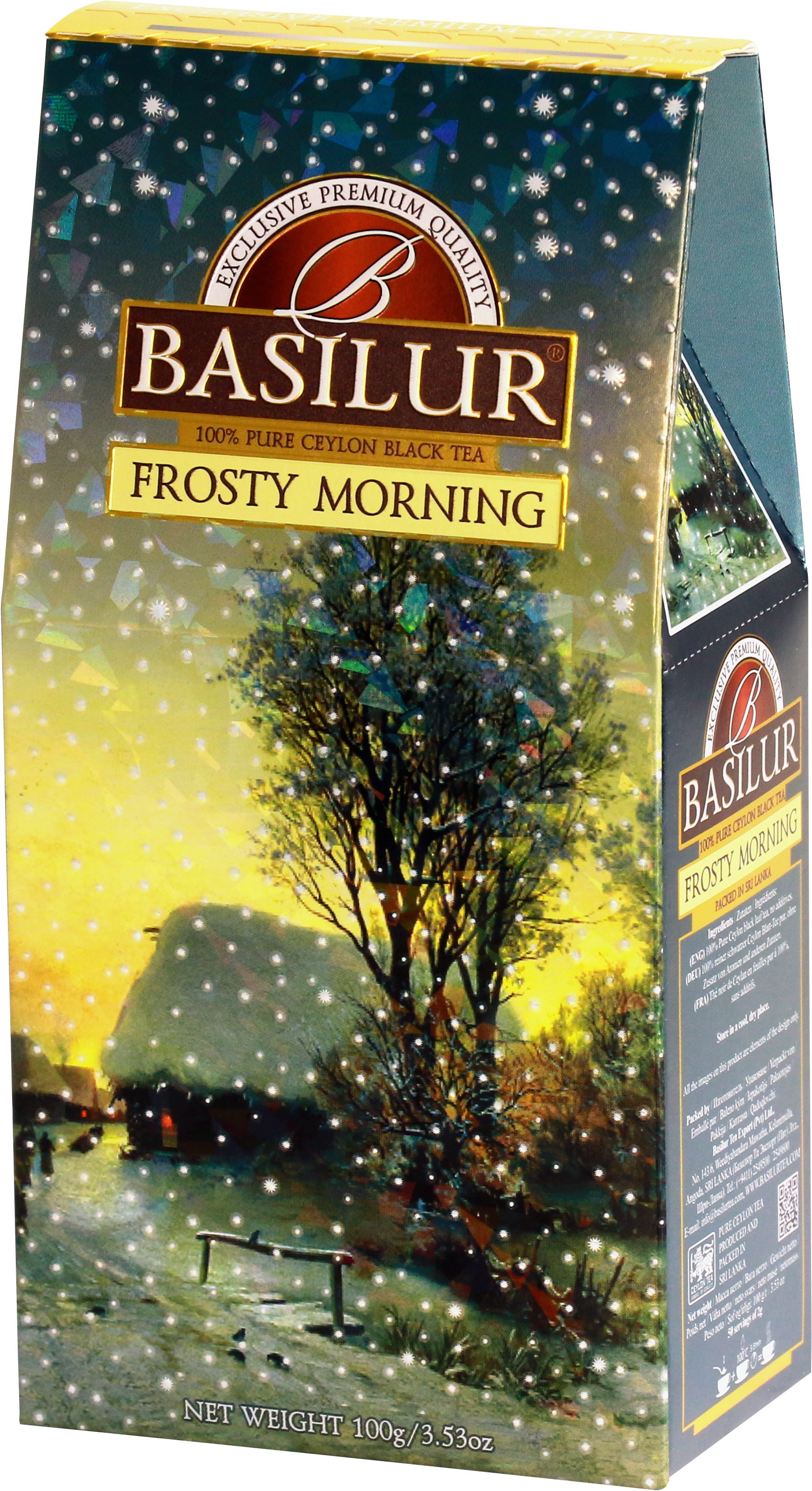 Front opakowania herbaty Basilur Frosty Morning z zimowym motywem i logo Basilur.