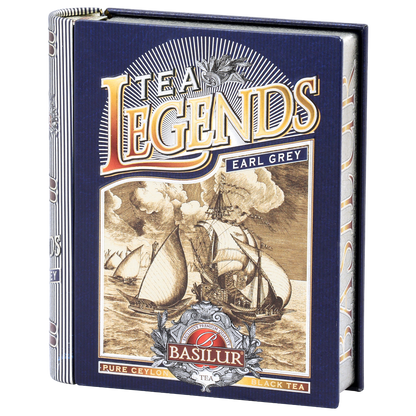 Zbliżenie na opakowanie herbaty czarnej Basilur Tea Legends Earl Grey z dekoracyjną grafiką i logo Basilur.