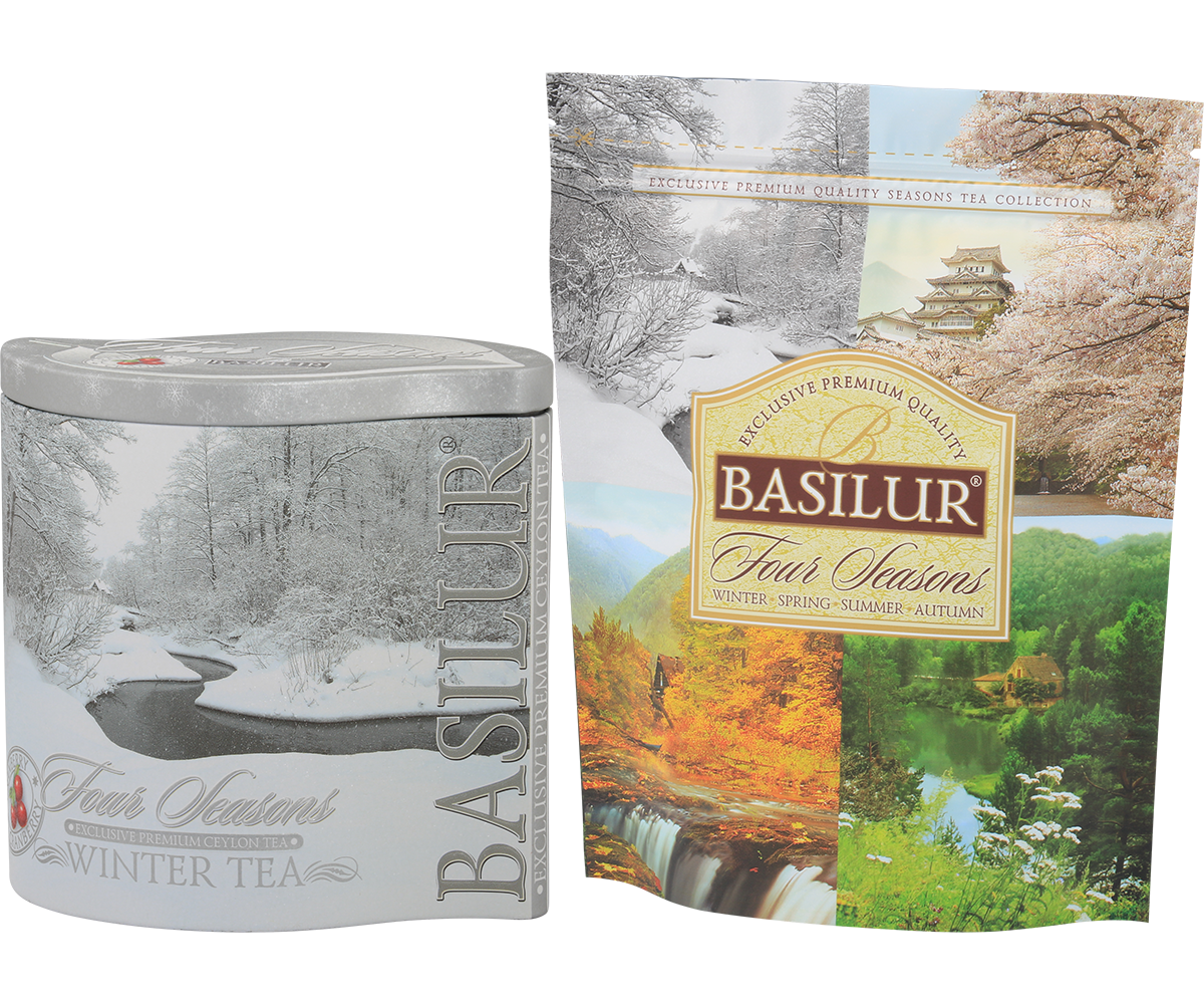 Herbata Basilur Winter Tea w ozdobnej puszce z zimowym krajobrazem, kolekcja Four Seasons.