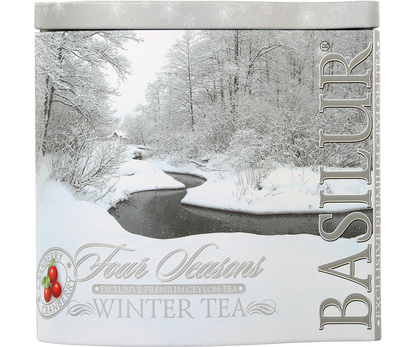 Front puszki Basilur Winter Tea z motywem śnieżnego krajobrazu, herbata cejlońska z żurawiną.