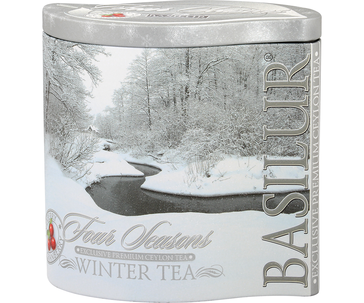 Zimowy pejzaż na puszce Basilur Winter Tea, idealna herbata na chłodne dni.
