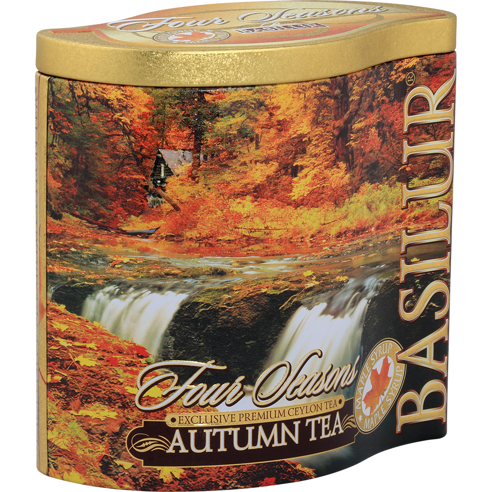 Bok puszki Basilur Autumn Tea z jesiennym pejzażem i logo marki