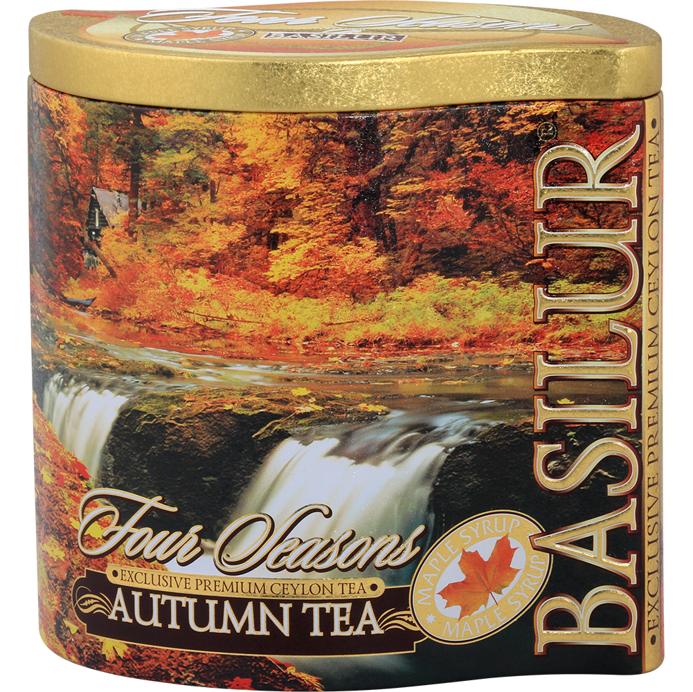Złote wieczko puszki Basilur Autumn Tea z eleganckim nadrukiem