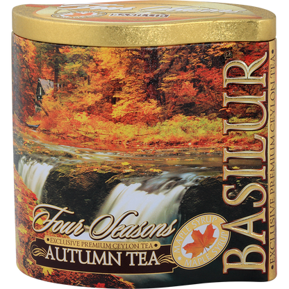 Złote wieczko puszki Basilur Autumn Tea z eleganckim nadrukiem