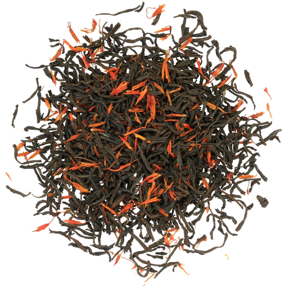 Liście czarnej herbaty cejlońskiej z dodatkiem płatków w herbacie Basilur Autumn Tea