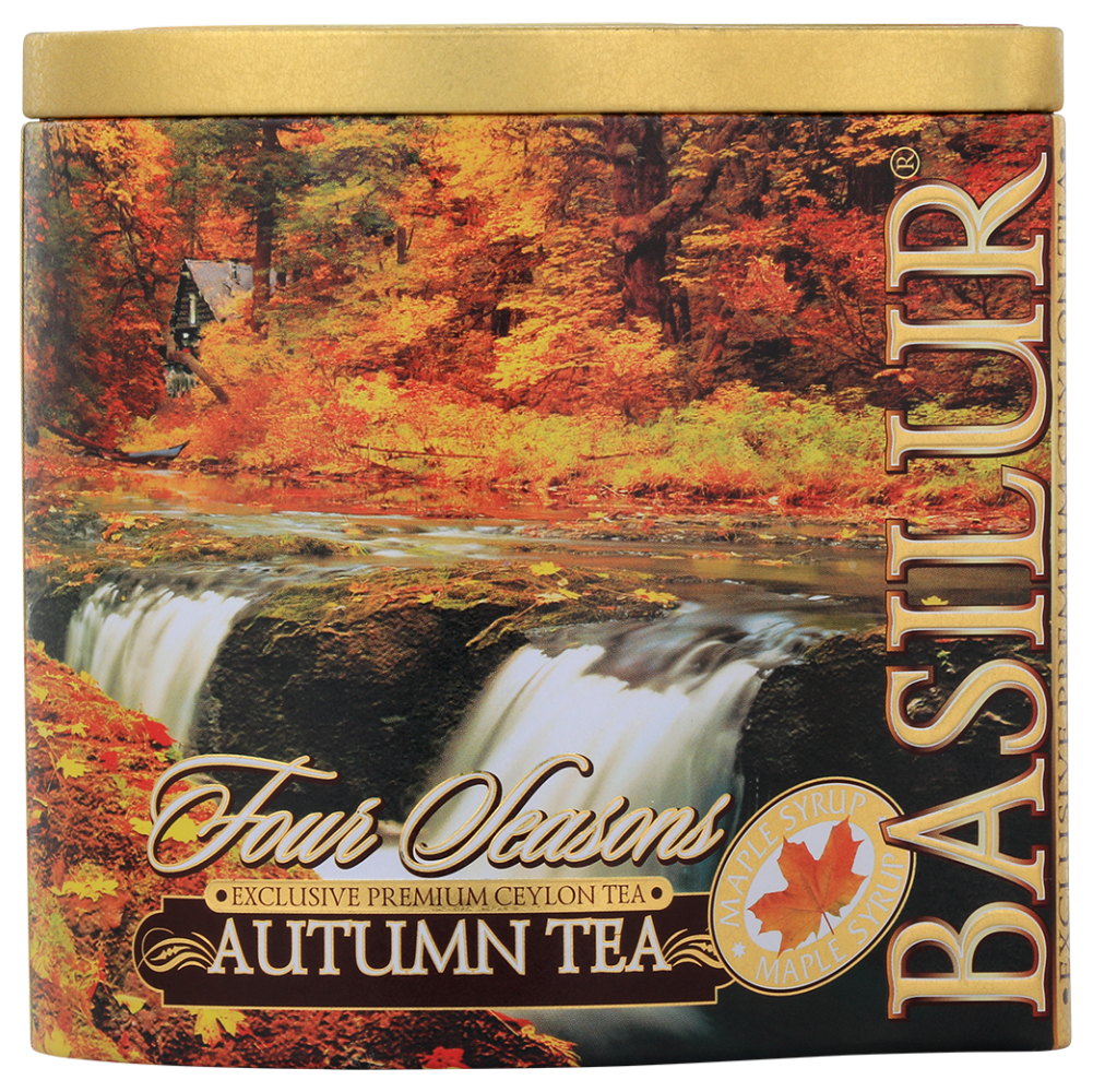 Zbliżenie na puszkę Basilur Autumn Tea z motywem jesiennych liści i wodospadu