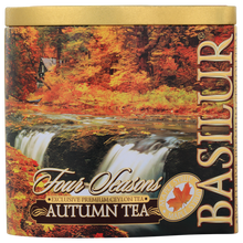 Zbliżenie na puszkę Basilur Autumn Tea z motywem jesiennych liści i wodospadu