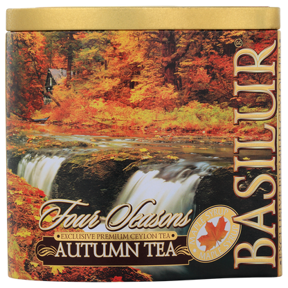 Zbliżenie na puszkę Basilur Autumn Tea z motywem jesiennych liści i wodospadu