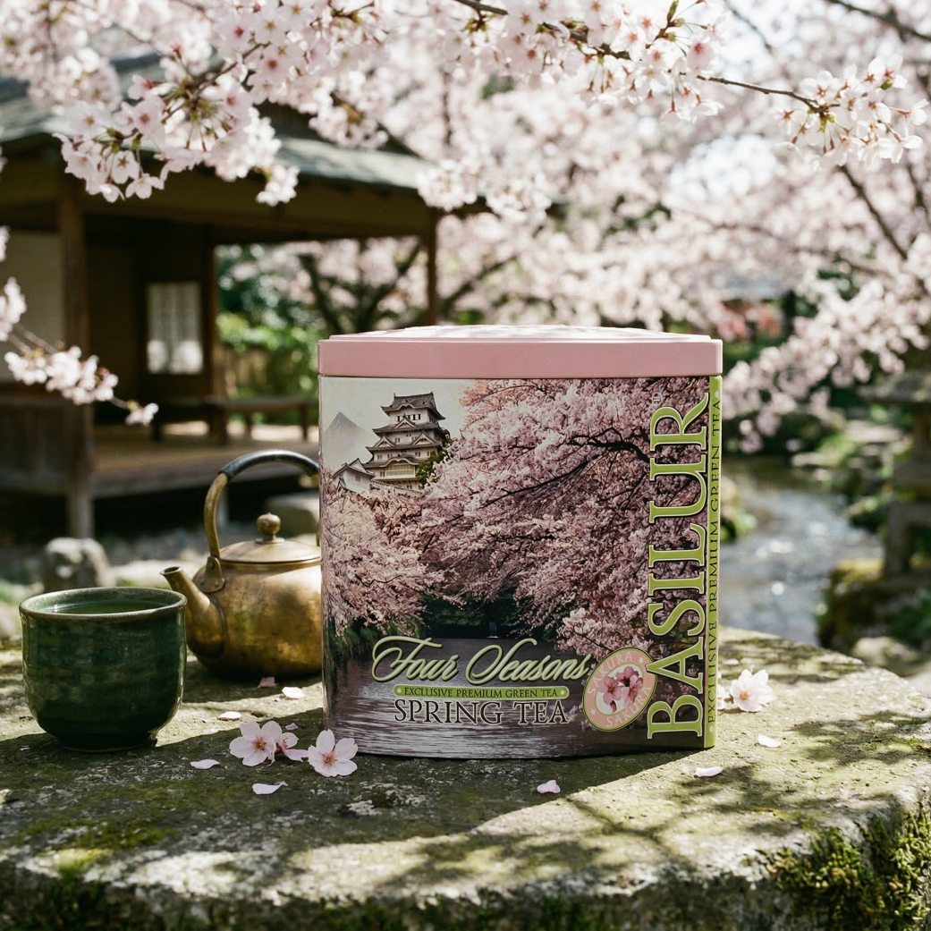 Puszka herbaty Basilur Four Seasons Spring Tea na kamiennym stole w ogrodzie z kwitnącą sakurą, obok czajnik i filiżanka do ceremonii herbaty.
