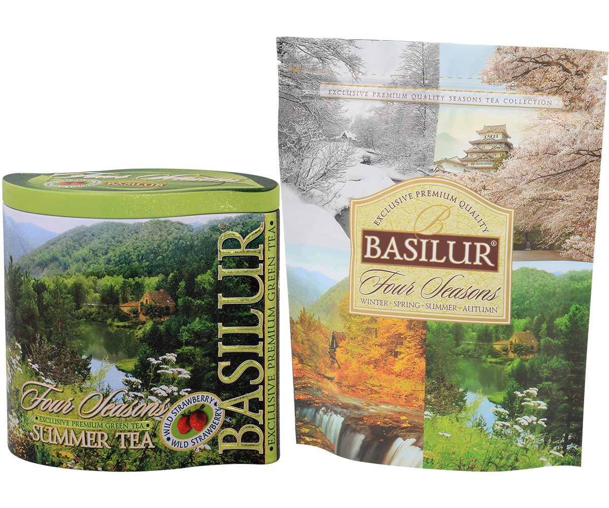 Puszka herbaty Basilur Summer Tea z kolekcji Four Seasons z letnim pejzażem i zieloną pokrywką