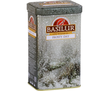 Bok puszki herbaty Basilur Frosty Day z zimowym krajobrazem