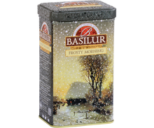 Bok puszki herbaty Basilur Frosty Morning z zimowym krajobrazem