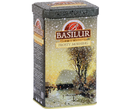 Bok puszki herbaty Basilur Frosty Morning z zimowym krajobrazem