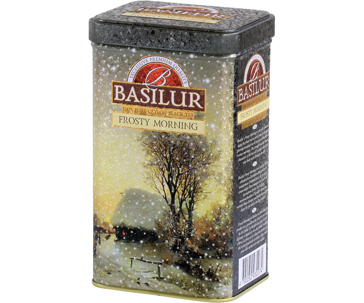 Herbata Basilur Frosty Morning w ozdobnej puszce z motywem zimowego poranka