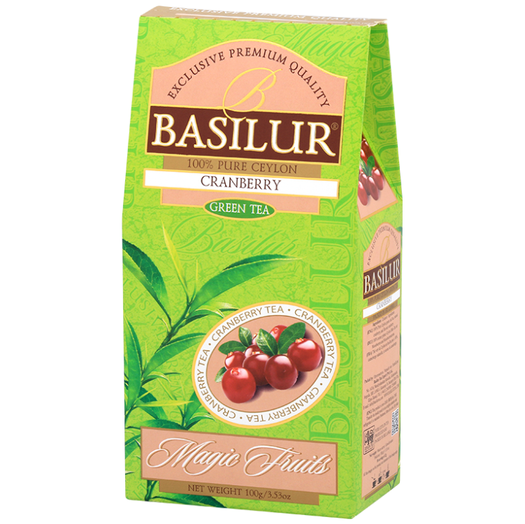Herbata zielona Basilur Cranberry z żurawiną w zielonym opakowaniu 100 g, widok produktu z przodu i boku.
