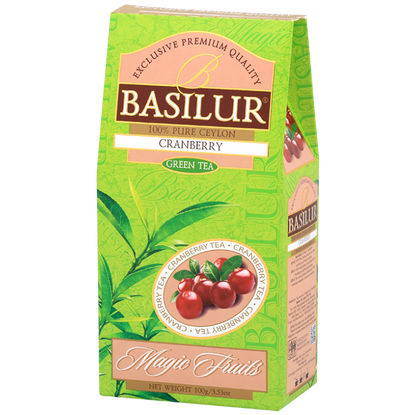 Herbata zielona Basilur Cranberry z żurawiną w zielonym opakowaniu 100 g, widok produktu z przodu i boku.