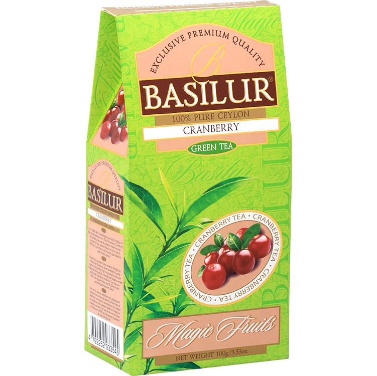 Basilur Cranberry zielona herbata liściasta z żurawiną, opakowanie pokazane pod kątem z widocznym bokiem.