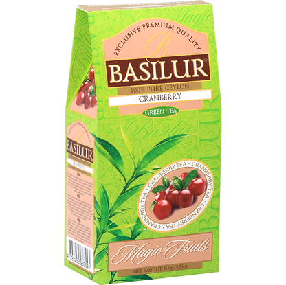 Basilur Cranberry zielona herbata liściasta z żurawiną, opakowanie pokazane pod kątem z widocznym bokiem.