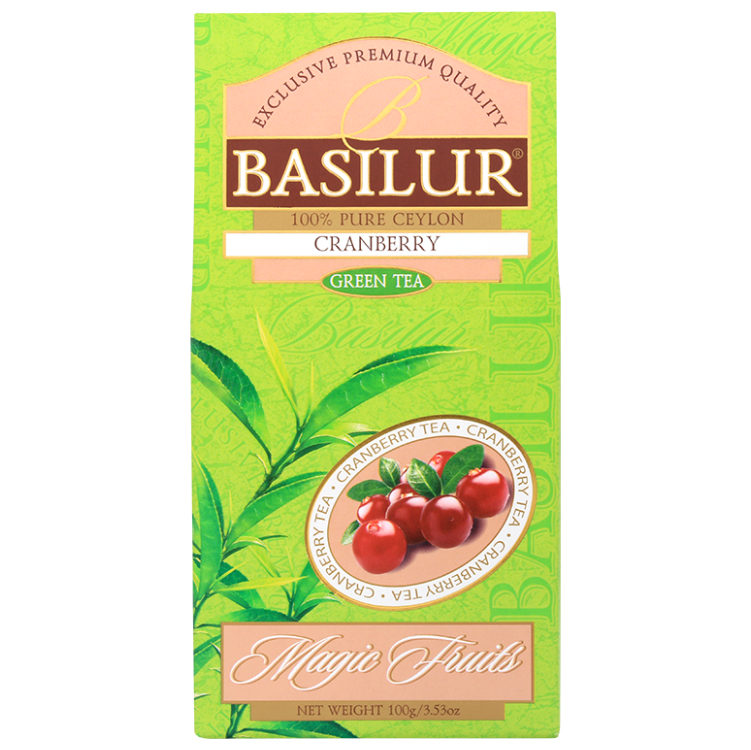 Herbata zielona z żurawiną Basilur Cranberry 100 g, frontowe zdjęcie zielonego opakowania Magic Fruits.