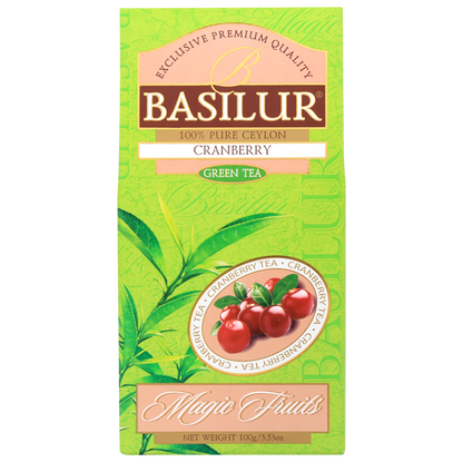 Herbata zielona z żurawiną Basilur Cranberry 100 g, frontowe zdjęcie zielonego opakowania Magic Fruits.