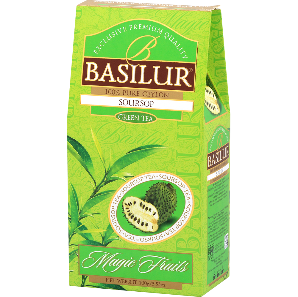 Bok pudełka herbaty Basilur Soursop z opisem składu