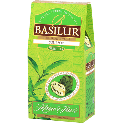 Bok pudełka herbaty Basilur Soursop z opisem składu