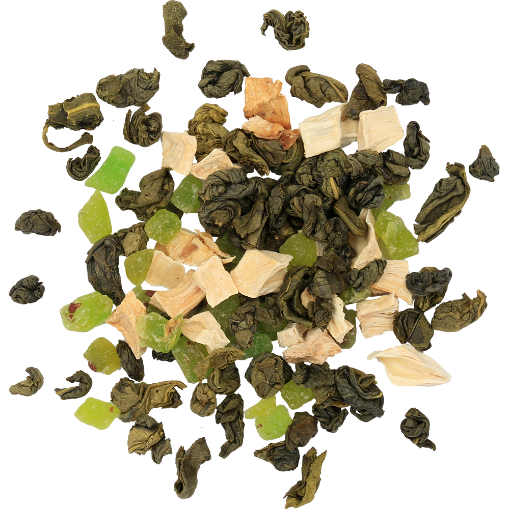 Zbliżenie na liście i kawałki owoców w herbacie Basilur Soursop