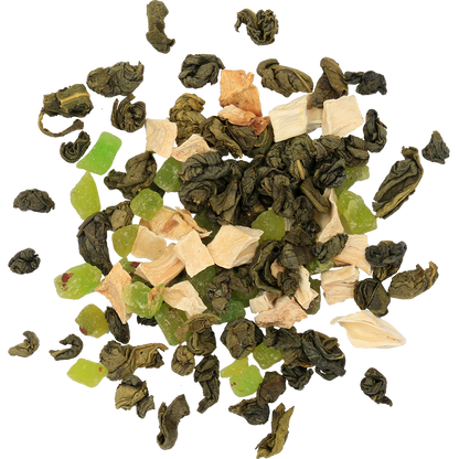 Zbliżenie na liście i kawałki owoców w herbacie Basilur Soursop