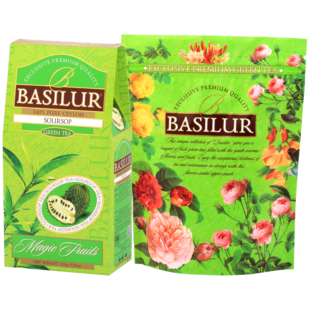 Pudełko herbaty Basilur Soursop w zielonym opakowaniu z serii Magic Fruits
