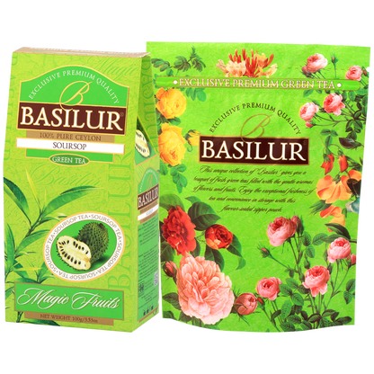 Pudełko herbaty Basilur Soursop w zielonym opakowaniu z serii Magic Fruits