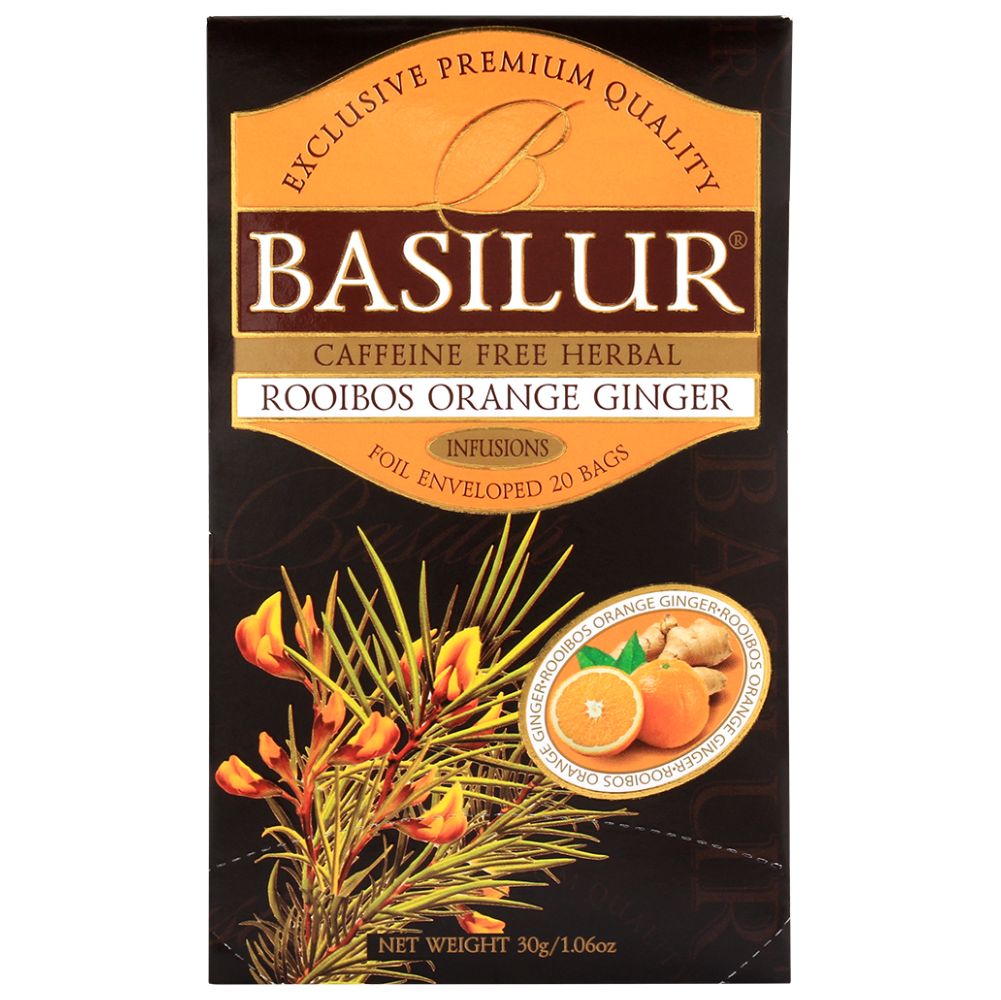 Basilur Rooibos Orange Ginger, pudełko herbaty 20 kopert 30 g widziane z przodu